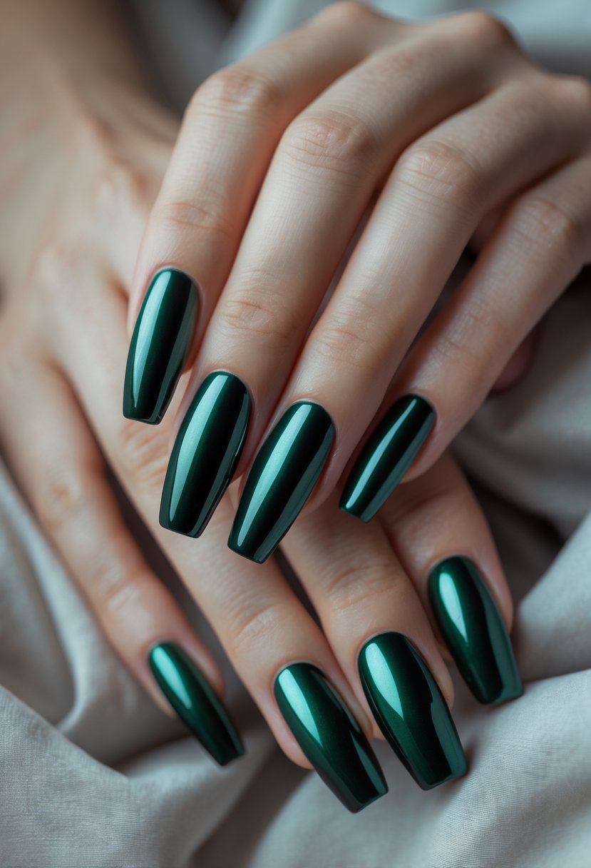 Close-up of hands with shiny dark green chrome nails against a neutral background.
