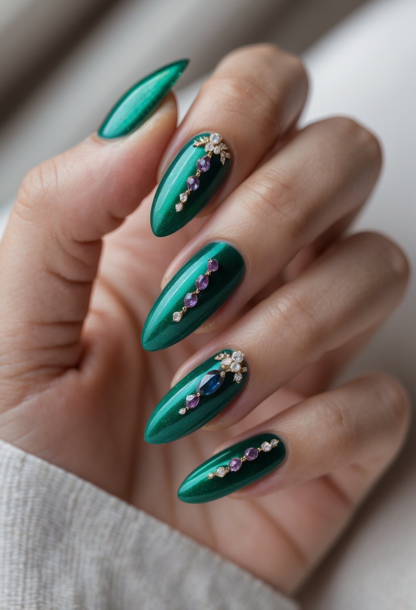 A close-up of a hand with emerald green nails decorated with jewel-tone accents.