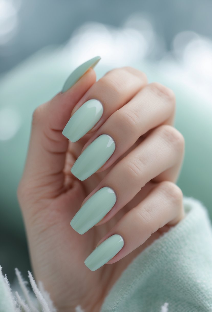 Close-up of hands with light mint green painted nails against a soft winter-themed background.