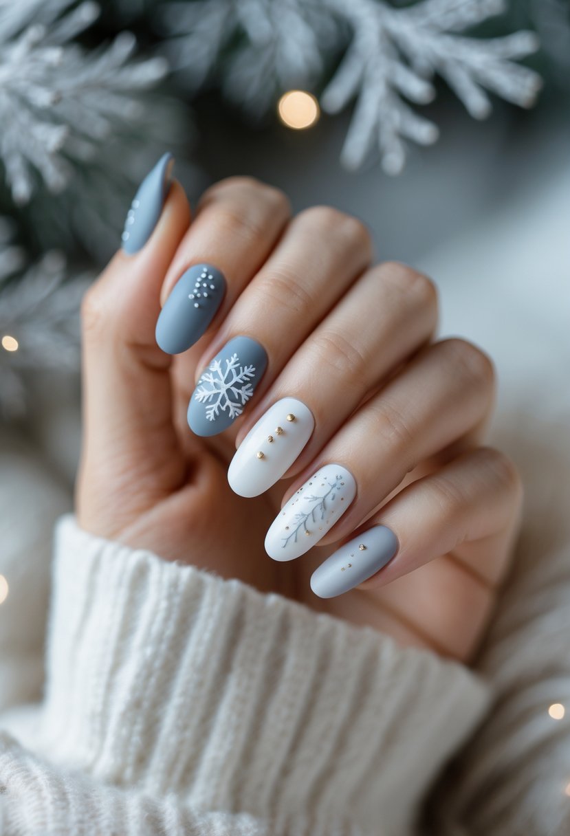 Close-up of female hands showing simple winter-themed manicures with soft colors and delicate snowflake designs.