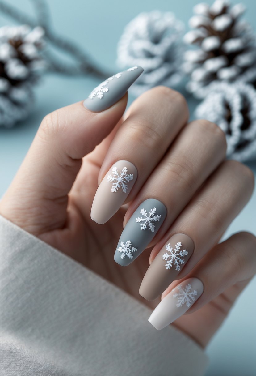 Close-up of hands with matte neutral-colored nails featuring subtle snowflake designs.