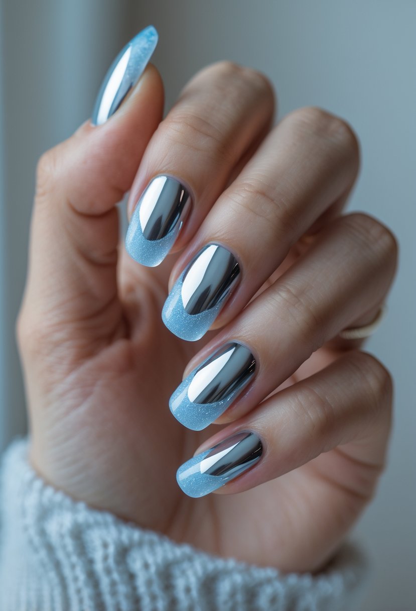 Close-up of a woman's hand with chrome French manicure featuring icy blue tips against a neutral background.