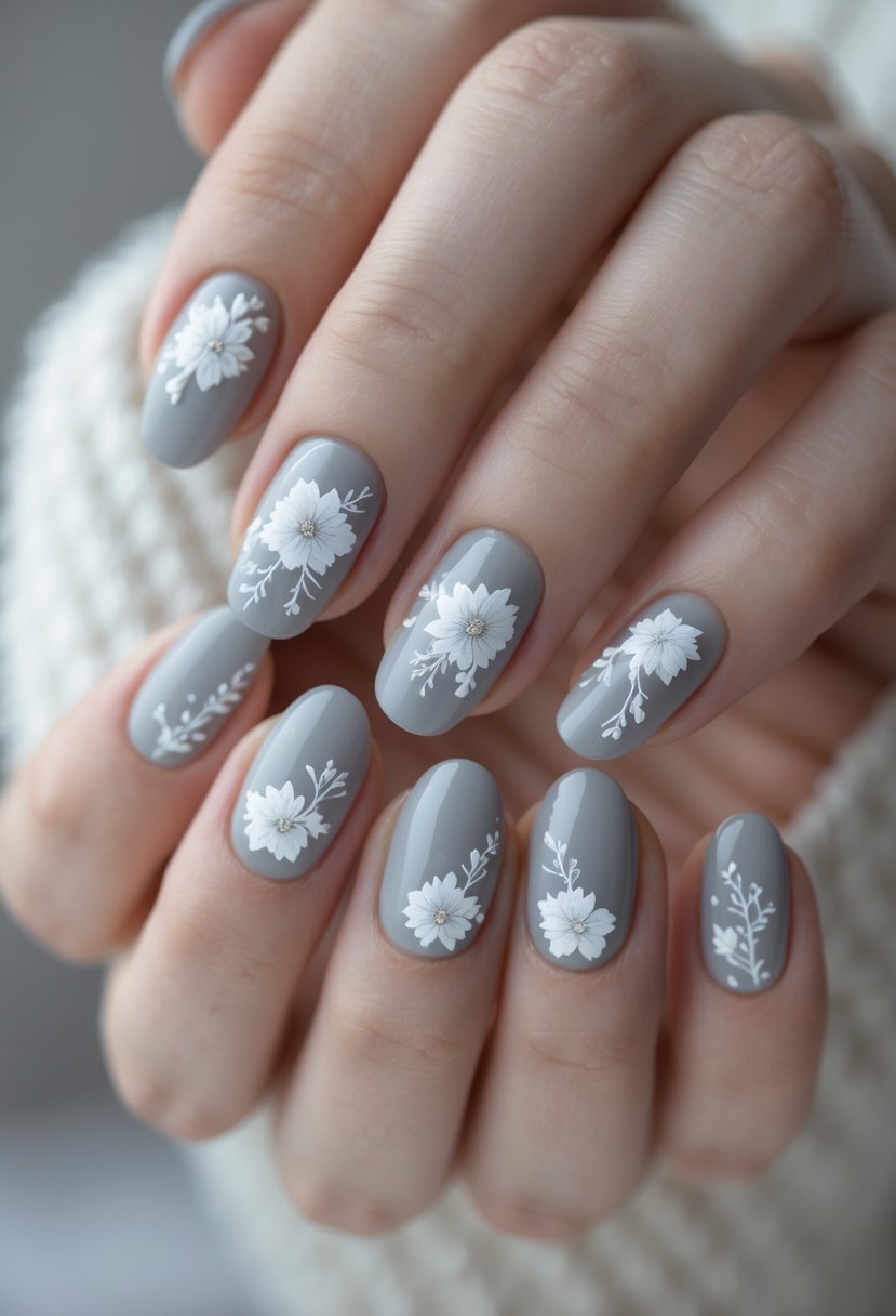Close-up of hands with light grey nails decorated with delicate winter floral patterns.