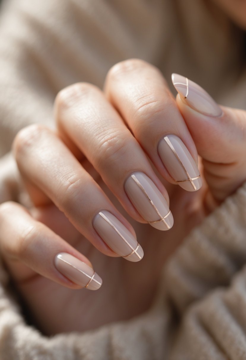 Close-up of a woman's hand with sheer beige nails decorated with thin metallic stripes.