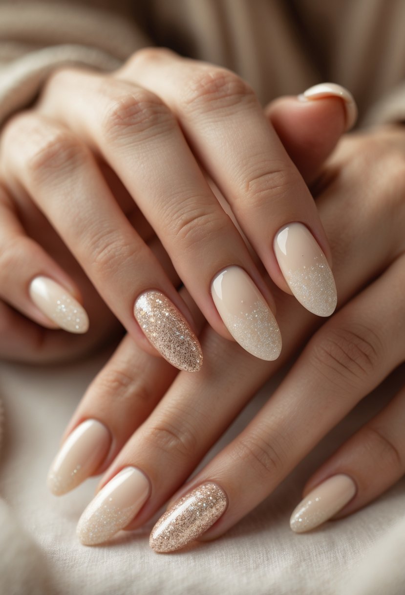 Close-up of a woman's hands with creamy beige nails featuring tiny glitter gradients.