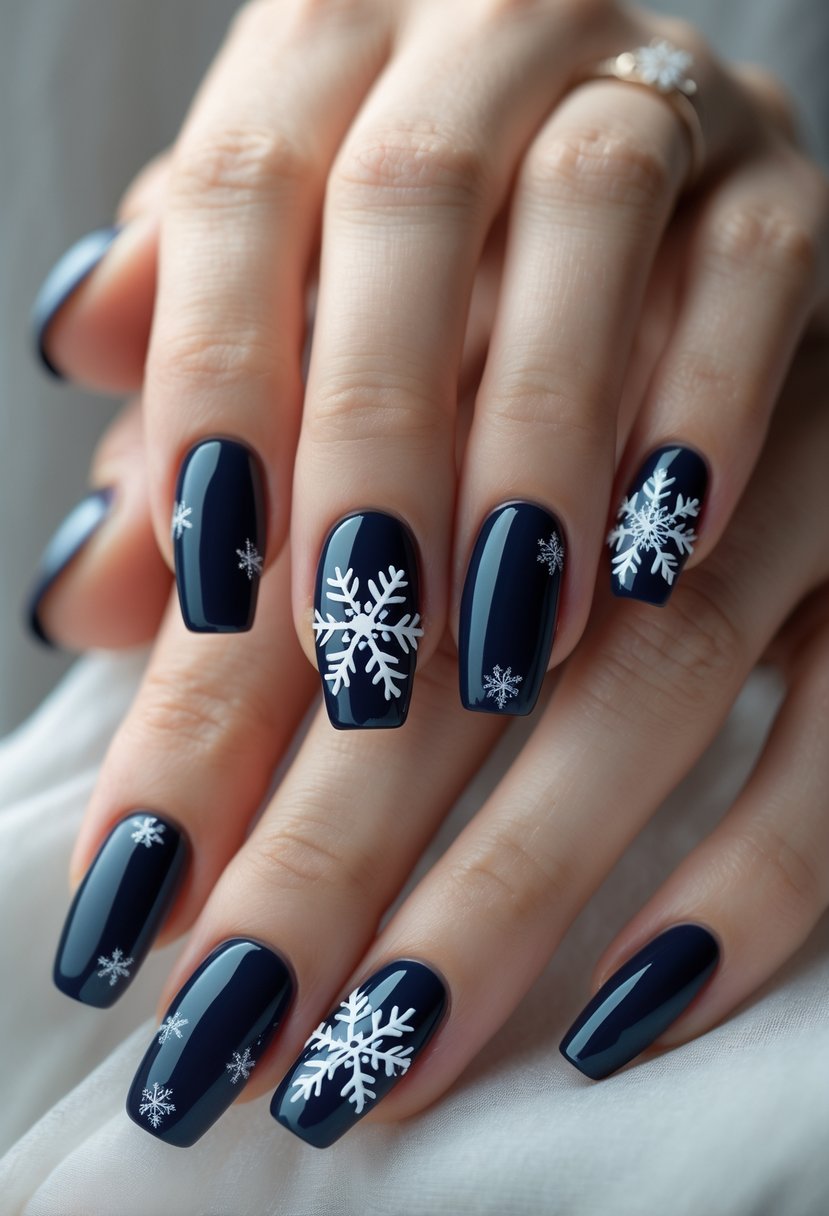 Close-up of hands with dark blue nails decorated with white snowflake designs.