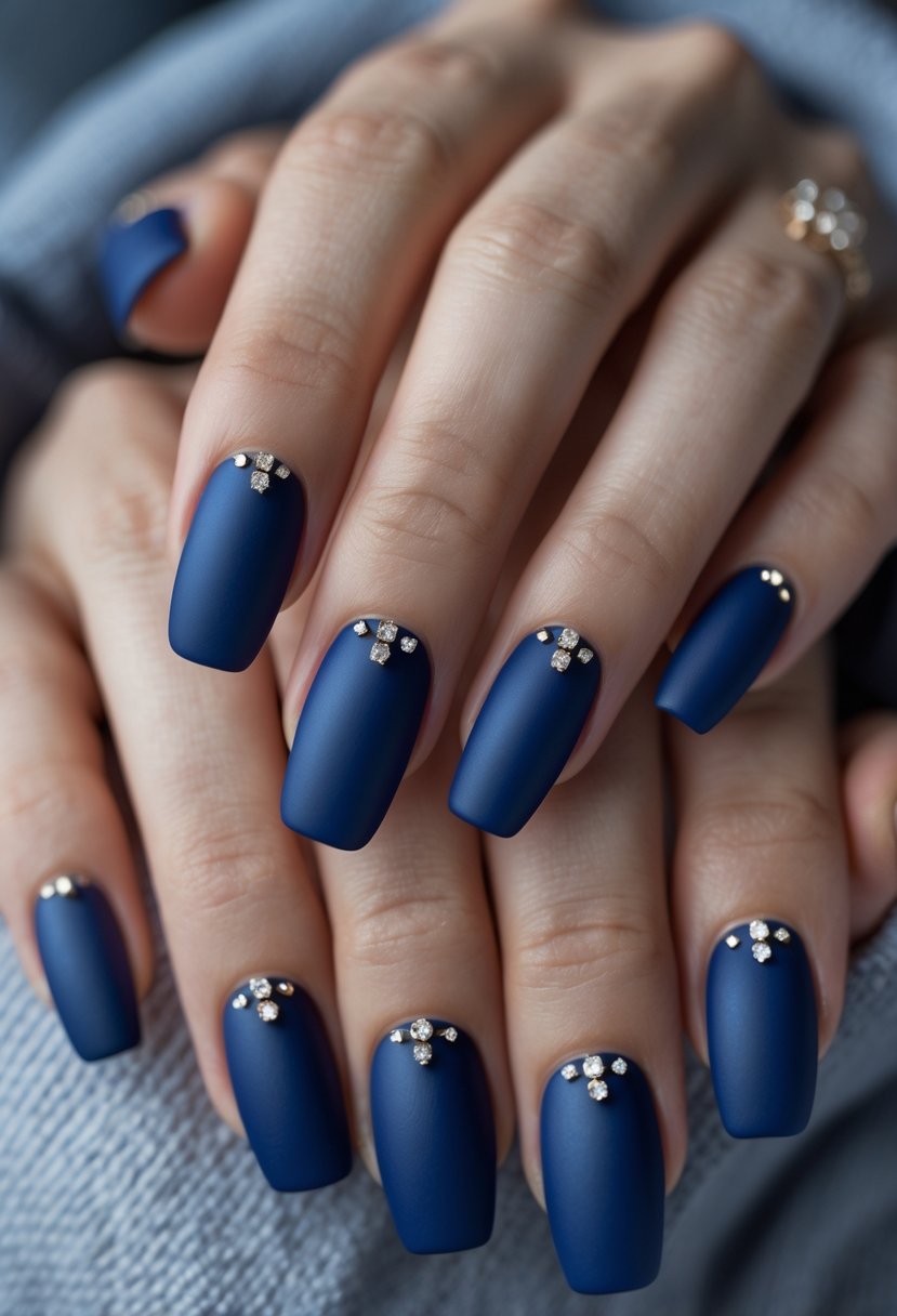Close-up of hands with royal blue matte nails decorated with small rhinestone studs.