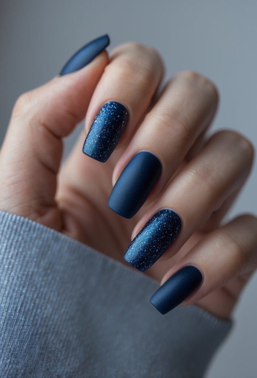 Close-up of a woman's hand with dark blue glitter nails coated with a matte finish.
