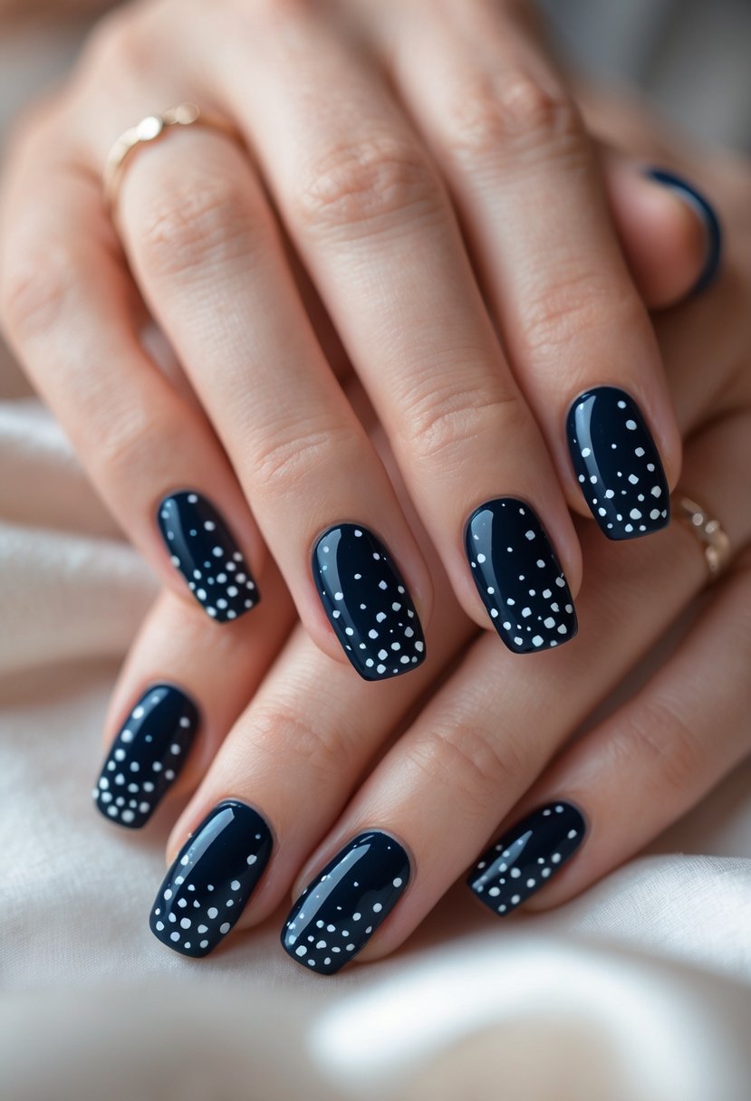 Close-up of hands with dark blue nails decorated with small white polka dots.