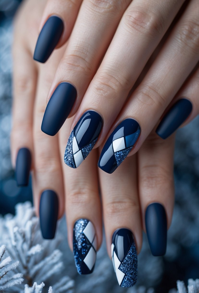 Close-up of hands with dark blue nails featuring glossy geometric shapes on each nail.