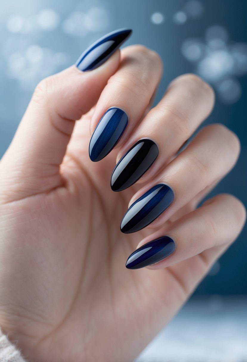 Close-up of a woman's hand showing nails with a dark blue to black gradient design.