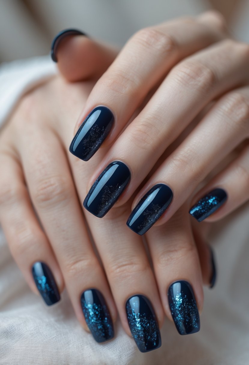 Close-up of hands with dark blue nails featuring a subtle shimmer.