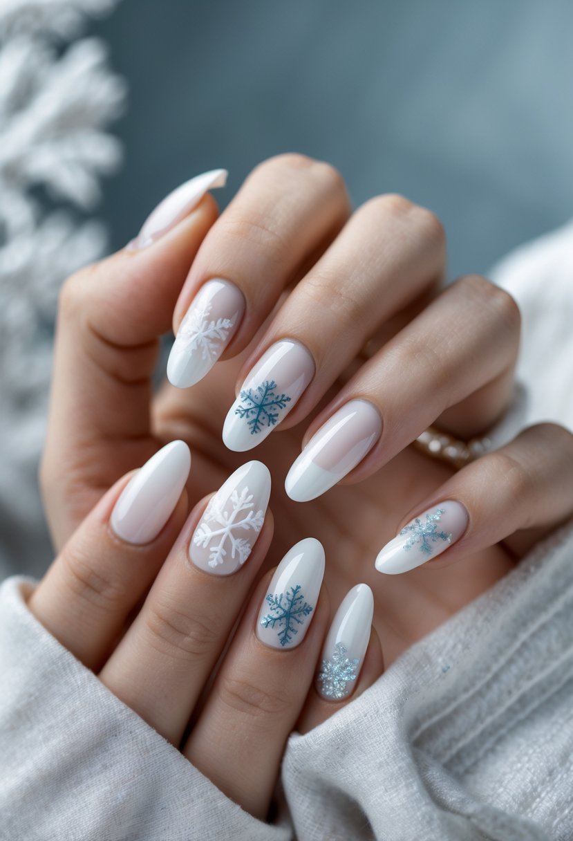 Close-up of hands with white French manicure nails decorated with subtle winter-themed designs.