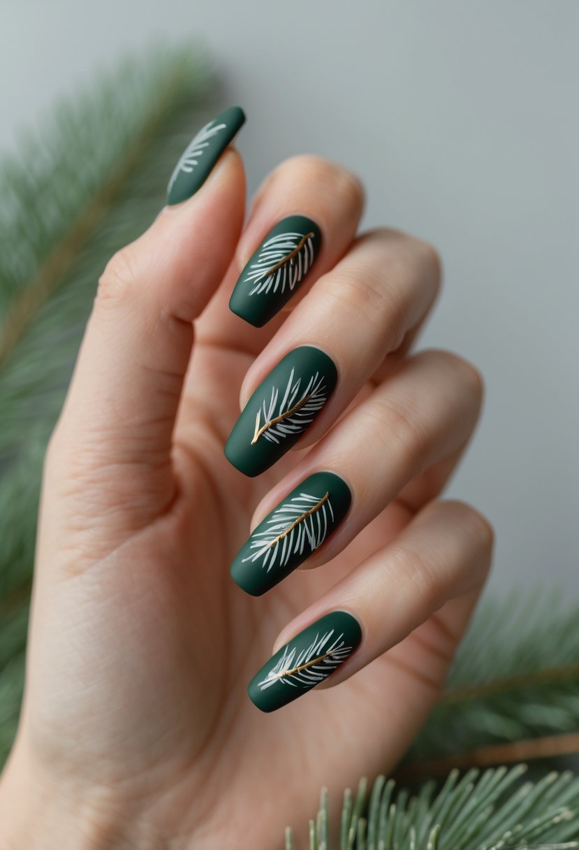 Close-up of a hand with dark green matte nails decorated with glossy pine needle designs.
