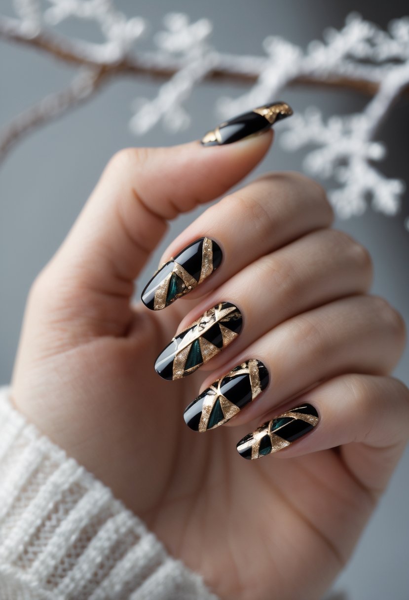 Close-up of a hand with black and gold geometric patterned nails against a soft winter-themed background.