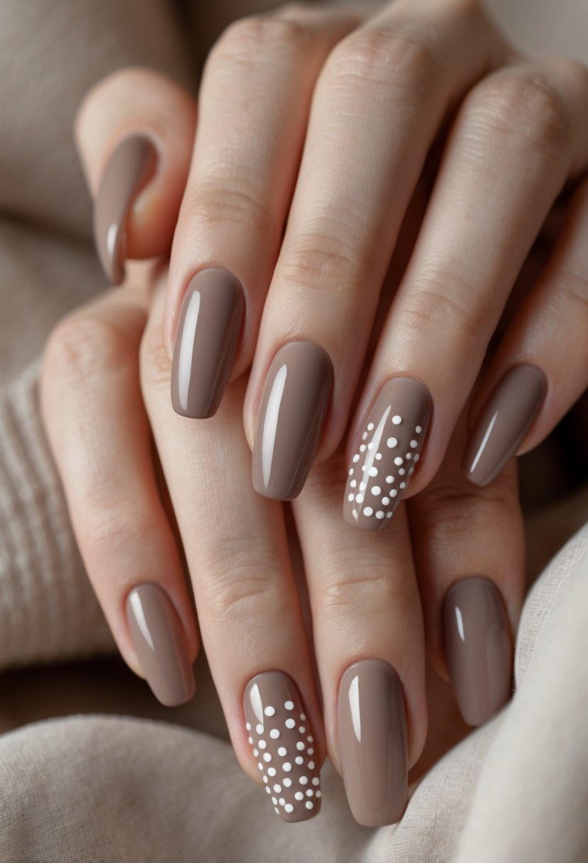 Close-up of hands with warm taupe nails decorated with small minimalist dots.