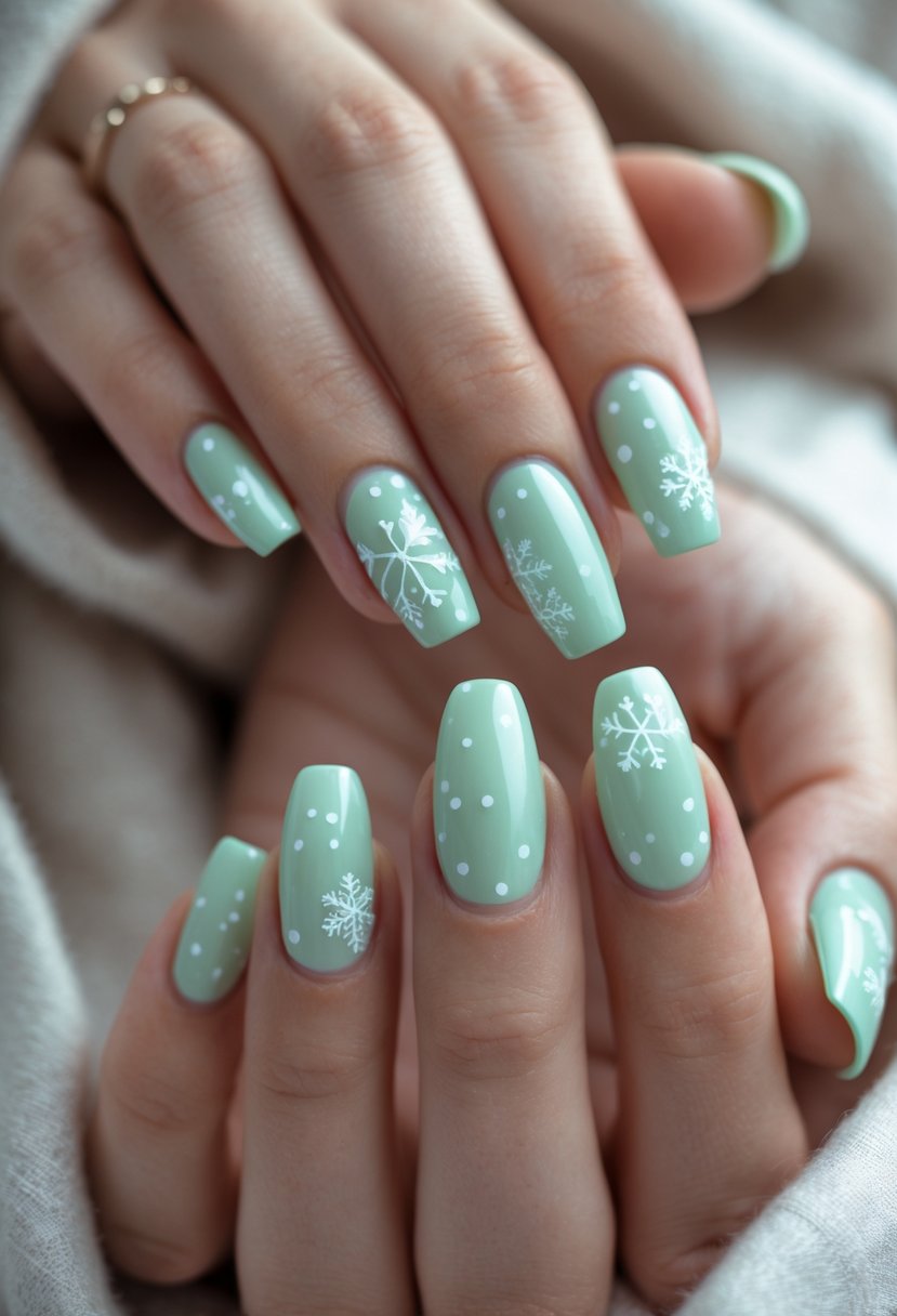 Close-up of hands with frosty mint green and white winter-themed nail designs.
