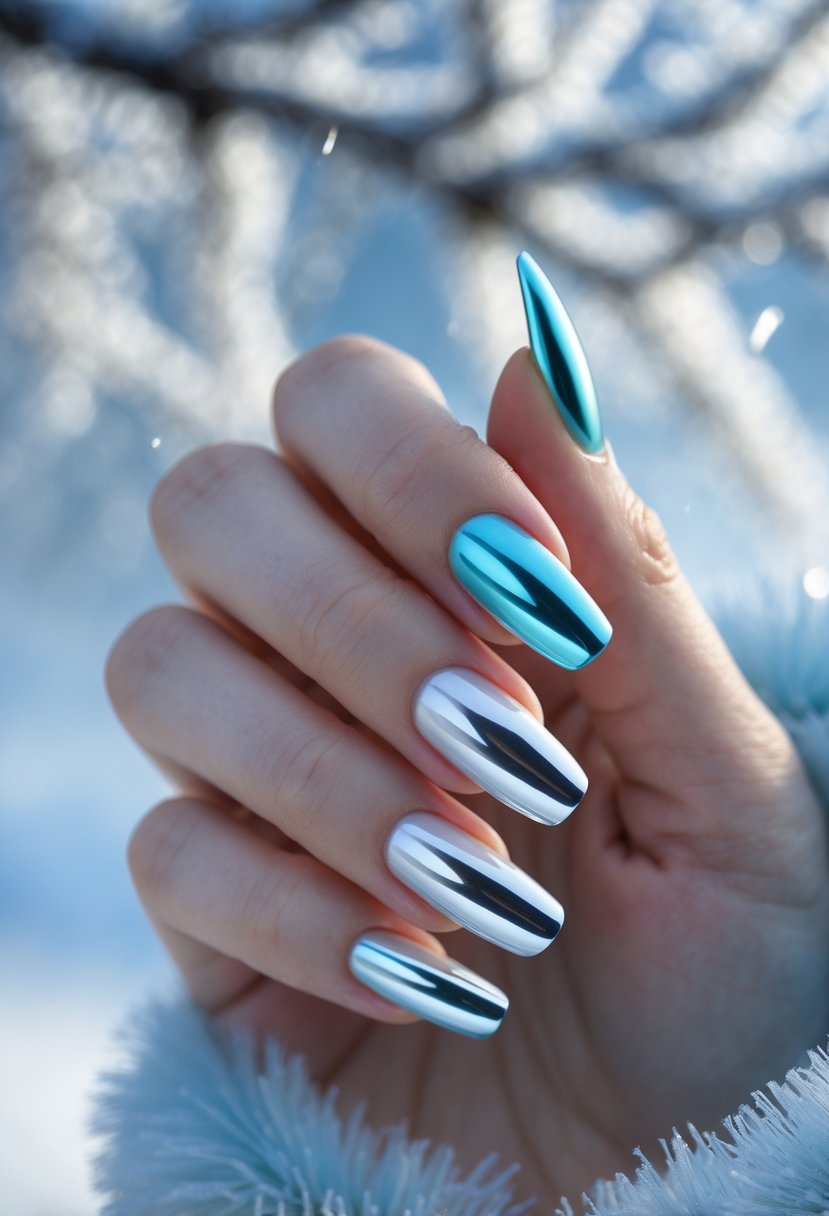 Close-up of a hand with shiny chrome nails in icy blue and silver tones against a wintery background.
