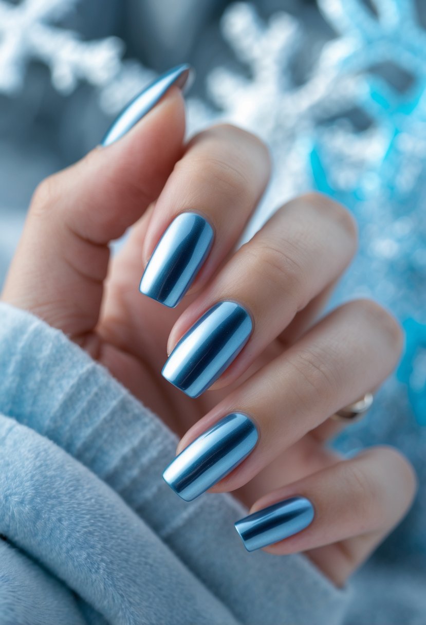 Close-up of a hand with metallic blue nails against a soft winter background.