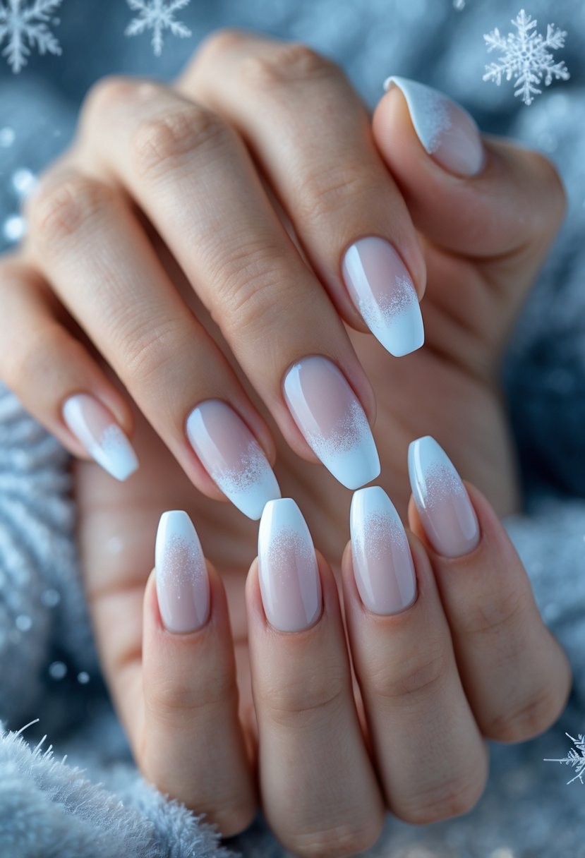 Close-up of hands with frosted white French tip nails against a soft winter background.