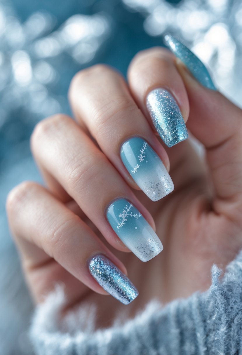 Close-up of a woman's hand with winter-themed nails featuring silver glitter sparkle accents.