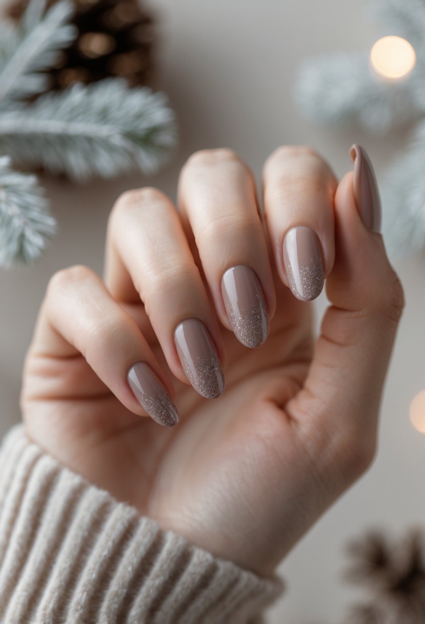 Close-up of a woman's hand with warm taupe nails featuring subtle sparkle, posed against a soft winter-themed background.