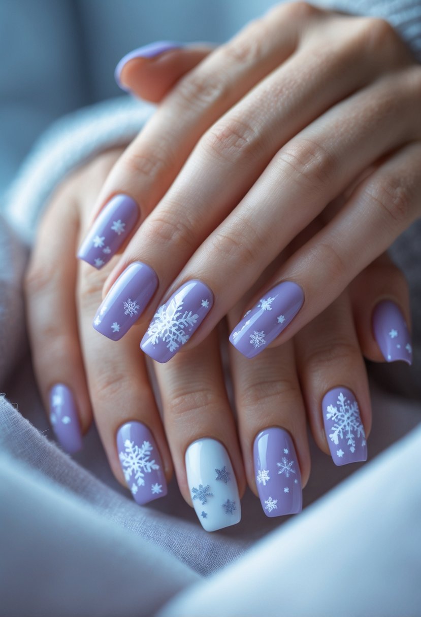 Close-up of hands with soft lavender nails decorated with white snowflakes and winter designs.