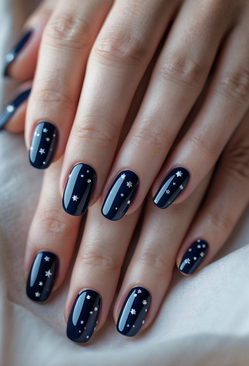 Close-up of hands with glossy navy blue nails decorated with tiny star designs.