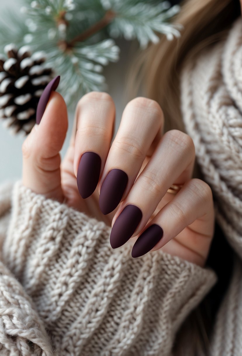 Close-up of a woman's hands with deep burgundy matte nails holding a knitted scarf with winter elements in the background.