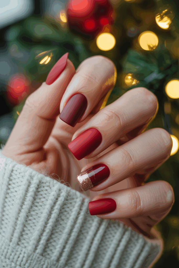 Velvet red and matte accent Christmas nails