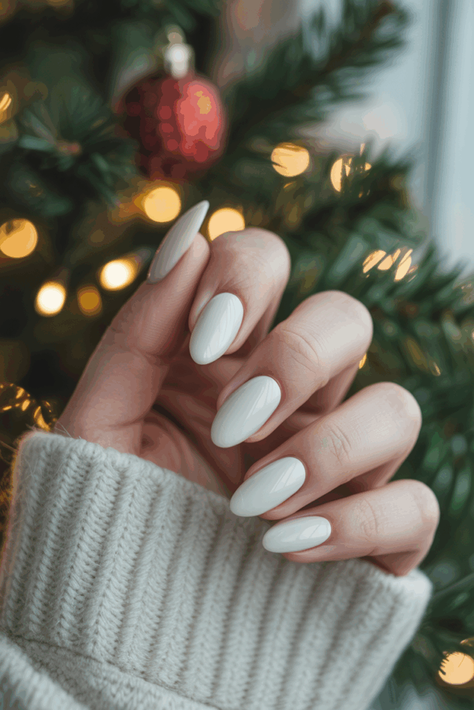 Winter white almond shaped Christmas nails