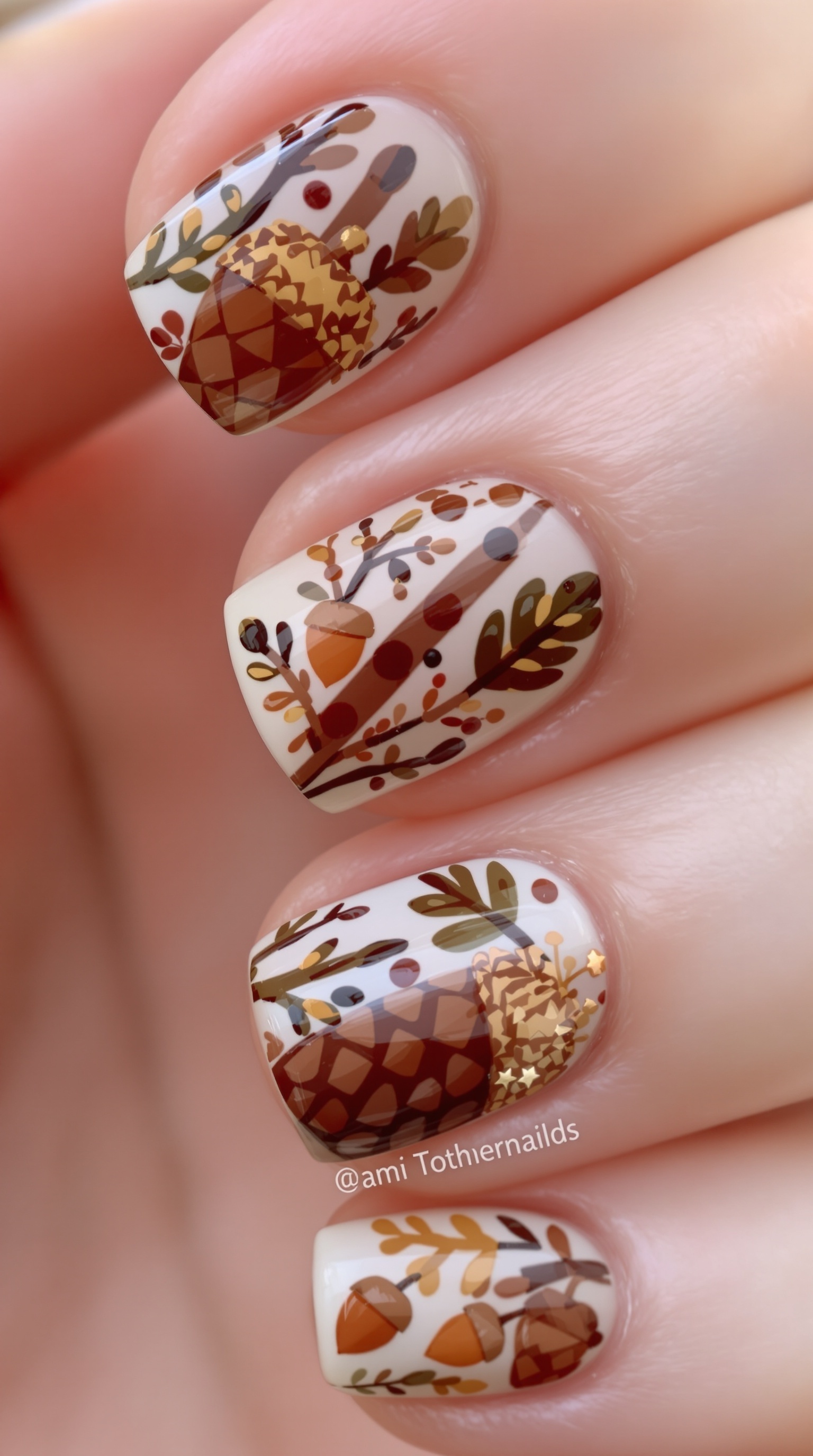 Nail art featuring acorns and pinecones in fall colors