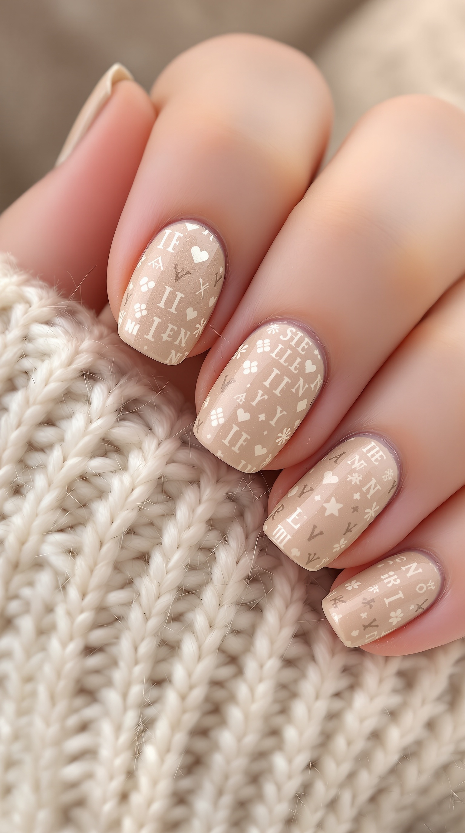 Nails with cozy sweater patterns in soft colors
