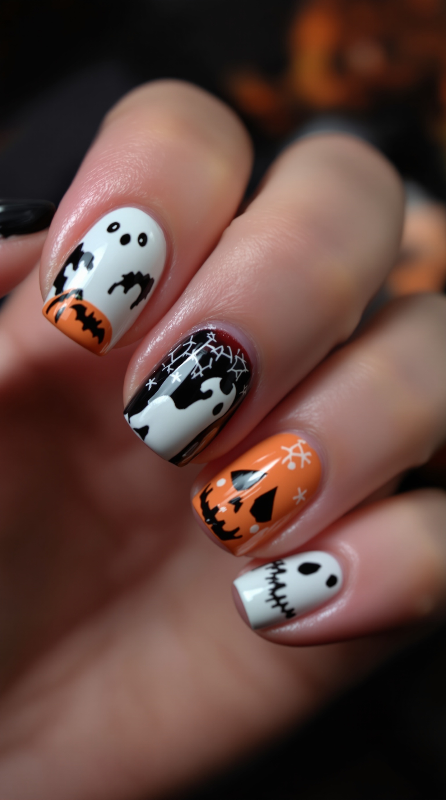 Nails painted with Halloween themes including ghosts, bats, and pumpkins.