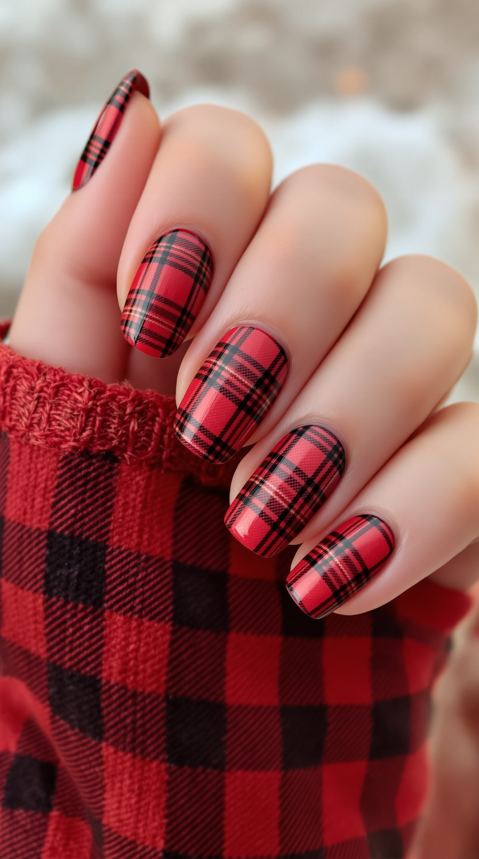 Close-up of nails with a red and black flannel design, matching a cozy sweater.