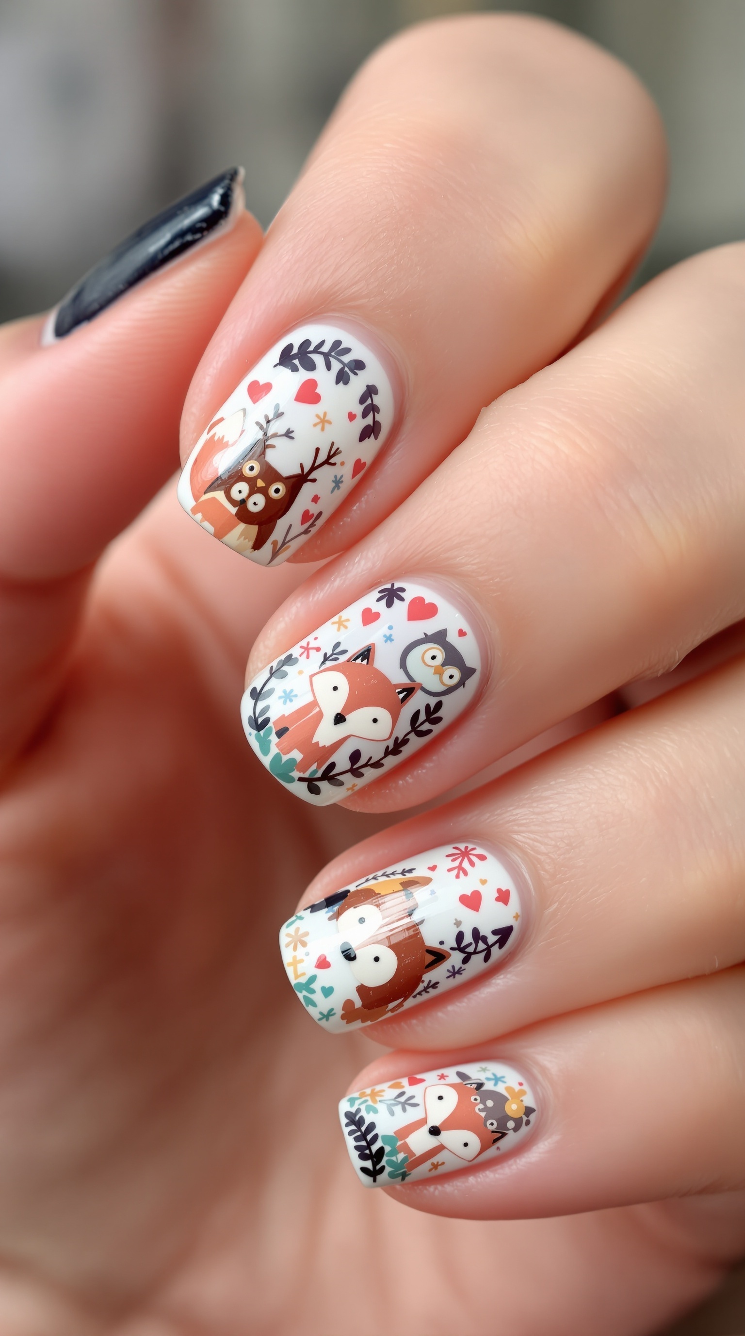 Nail art featuring cute woodland creatures like foxes, owls, and deer with colorful accents.