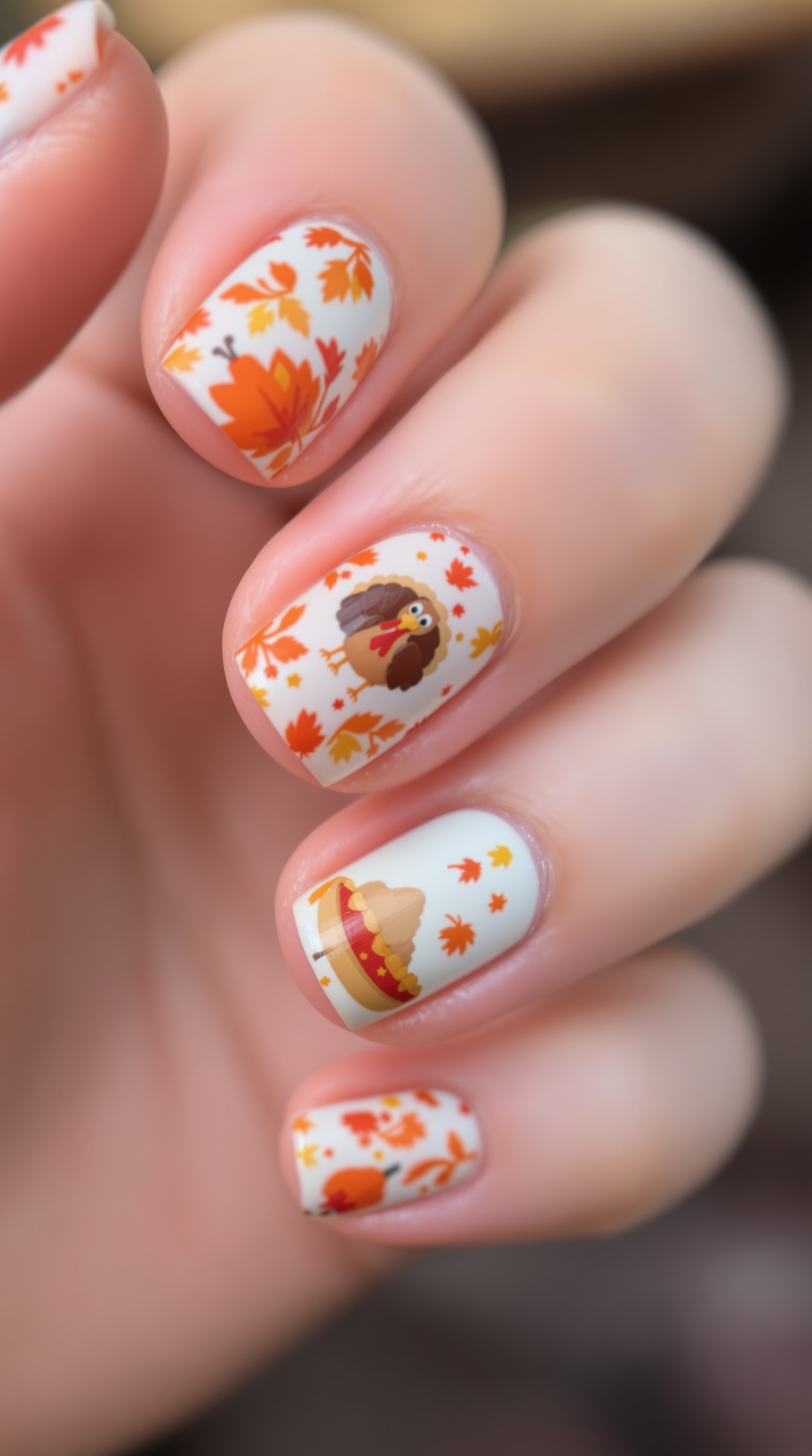 Cute fall nails with turkey and pumpkin designs
