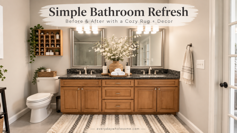Simple Bathroom Refresh with a Cozy Neutral Rug and Easy Counter Decor